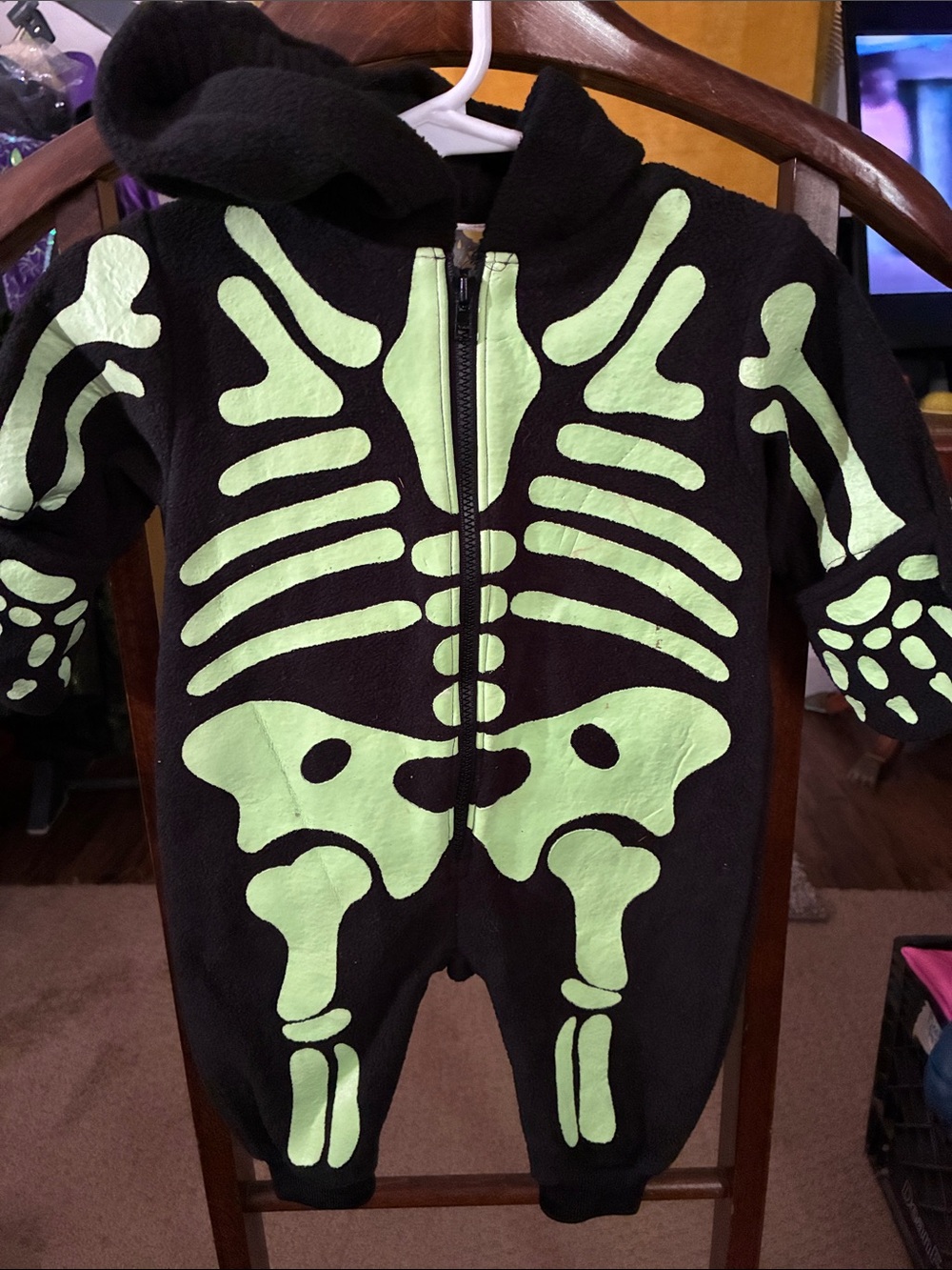Kids Glow-In-The-Dark Skeleton One-Piece Hoodie - Black/Green